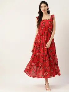 Deewa Red & Black Floral Georgette A-Line Maxi Dress