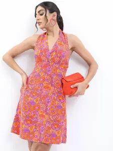 KETCH Floral Tie-Up Neck A-Line Dress