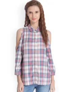 ONLY Women Pink & Off-White Regular Fit Checked Casual Shirt