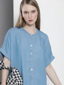 Tommy Hilfiger Women Band Collar Extended Sleeves Casual Shirt
