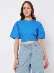 Vero Moda Blue Indigo Cinched Waist Crop Top