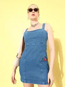 Kook N Keech Light Blue 90's Hollaback Laced Up Backs Pure Cotton Denim Sheath Mini Dress