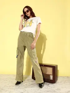Kook N Keech Women Olive Green 90's Hollaback Hipster Cargoes Baggy Stretchable Jeans