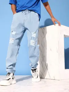 Kook N Keech Men Cool Blue Graffiti Jeans Highly Distressed Light Fade Stretchable Joggers