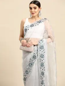 Anouk Grey & White Floral Organza Saree