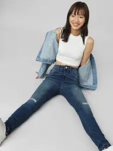 ONLY Women Skinny Fit High-Rise Mildly Distressed Light Fade Stretchable Cotton Jeans