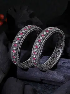 Adwitiya Collection Set Of 2 Oxidised Silver-Plated Kundan & Stone-Studded Bangles