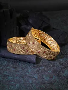 Adwitiya Collection Set Of 2 Gold-Plated Stone-Studded Temple Bangles
