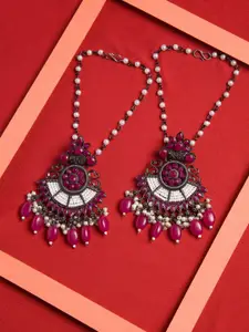 PANASH Oxidised Silver-Toned & Pink Crescent Shaped Drop Earrings