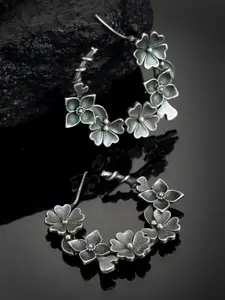 PANASH Oxidized Silver-Toned Floral Shaped Half Hoop Earrings