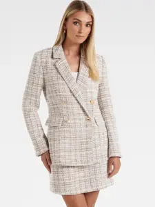 Forever New Women White Checked Double Breasted Formal Blazer