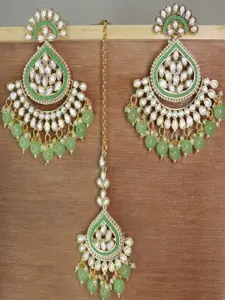 I Jewels Gold-Plated Kundan Stone-Studded & Pearl Beaded Maang Tikka & Chandbali  Earrings Set