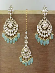 I Jewels Gold-Plated Kundan Stone-Studded & Beaded Maangtikaa & Chandbali  Earrings Set