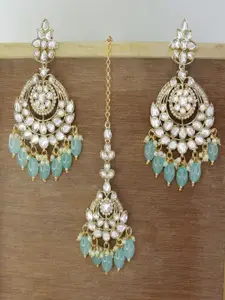 I Jewels Gold-Plated Kundan Stone-Studded & Beaded Maangtikaa & Chandbali  Earrings Set