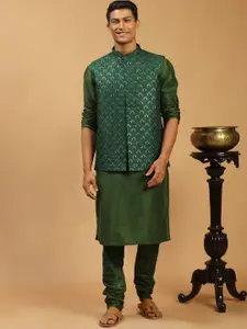 VASTRAMAY Men Solid Kurta And Churidar With Sequined Embroiderd Nehru Jacket