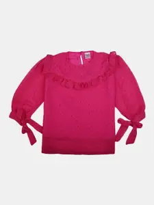 V-Mart Girls Round Neck Puff Sleeves Ruffled Cotton Top
