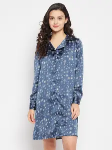 Clovia Printed Satin Shirt Nightdress