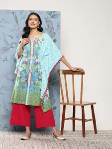 Juniper Floral Printed Flared Sleeves Kaftan Kurta with Pom Pom & Tie-Up Detail