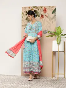 Juniper Women Blue Printed Anarkali Dress with Dupatta
