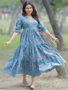Libas Floral Print Puff Sleeve Fit & Flare Midi Ethnic Dress