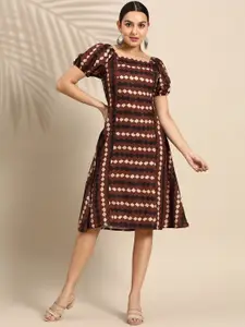 Anouk Square Neck Puff Sleeves Printed A-Line Dress with Cut-Out Back