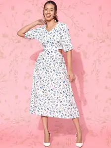 Anouk Floral Print Puff Sleeve A-Line Midi Dress