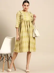 Anouk V-Neck Frilled Printed A-Line Dress with Gathered Waist