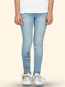 Zalio Kids Girls Pure Cotton Skinny Fit Low Distress Light Fade Printed Jeans
