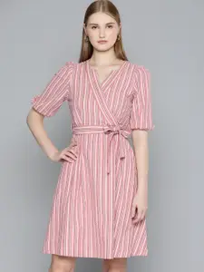 Chemistry Striped Pure Cotton Puff Sleeve Wrap Dress