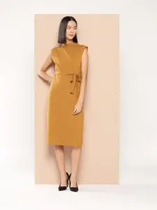 Chemistry High Neck Lightly Padded Extended Sleeves Pure Cotton A-Line Belted Midi Dress