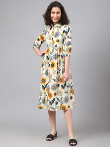 DEEBACO Floral Printed Shirt Collar Midi Fit & Flare Cotton Dress