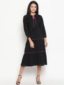 HOUSE OF KKARMA Self Design Cotton Tie-Up Neck A-Line Midi Dress