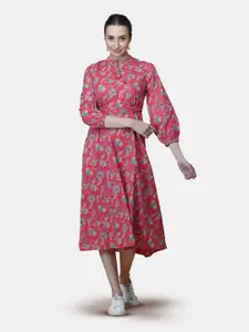 GULAB CHAND TRENDS Floral Tie-Up Neck A-Line Midi Dress