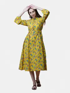 GULAB CHAND TRENDS Floral Tie-Up Neck Midi Cotton Dress