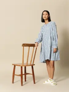 BOWER Checked Linen Cotton A-Line Tiered Dress