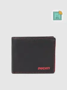 Ducati Men Solid Leather Two Fold Wallet With RFID & Brand Logo Print Detail