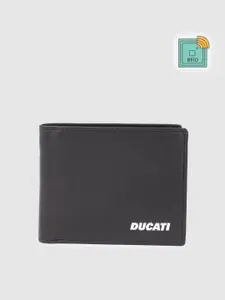 Ducati Men Solid Leather Two Fold Wallet With RFID & Brand Logo Print Detail