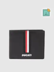Ducati Men Striped Leather Two Fold Wallet With RFID & Brand Logo Print Detail