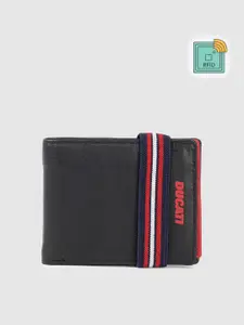 Ducati Men Solid Leather Two Fold Wallet With RFID & Striped Applique Detail