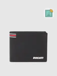 Ducati Men Solid Leather Two Fold Wallet With RFID & Minimal Striped Detail