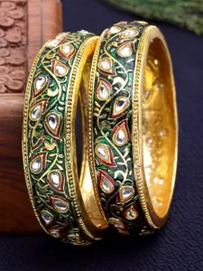 KARATCART Set Of 2 Gold-Plated Kundan-Studded Antique Bangles