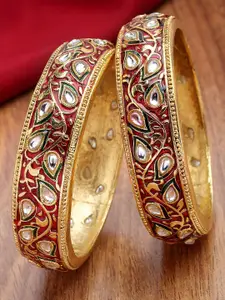 KARATCART Set of 2 Gold-Plated Kundan Stones-Studded Antique Meenakari Bangle