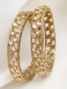 KARATCART Set Of 2 Gold-Plated Kundan Studded Antique Bangles