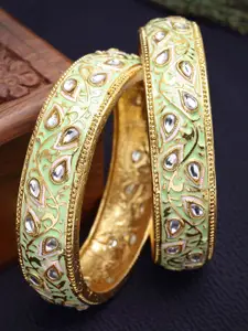 KARATCART Set Of 2 Gold-Plated Kundan-Studded Antique Bangles