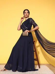 Inddus Navy Blue Floral Embroidered Embellished Georgette Maxi Draped Ethnic Gown