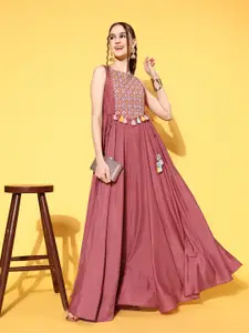 Inddus Pink Embroidered Maxi Dress With Tie-ups