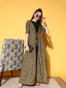 Inddus Black & Olive Green Embroidered Maxi Dress With Embroidered Jacket
