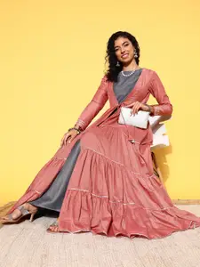 Inddus Grey & Peach-Coloured Maxi Dress With Mukaish Embroidered Jacket