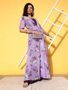 Inddus Purple & Lavender Maxi Dress With Floral Printed Jacket