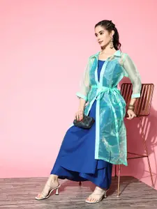 InWeave Solid Shoulder Straps Pleated Kurta With Palazzos & With Jacket